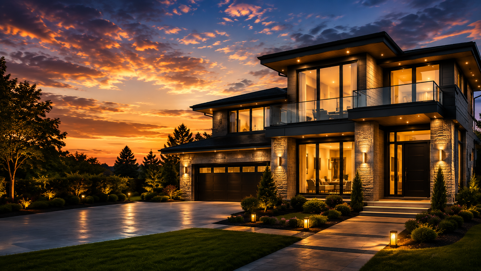 Luxury modern home exterior at sunset showcasing AI-powered real estate marketing by ListingNest